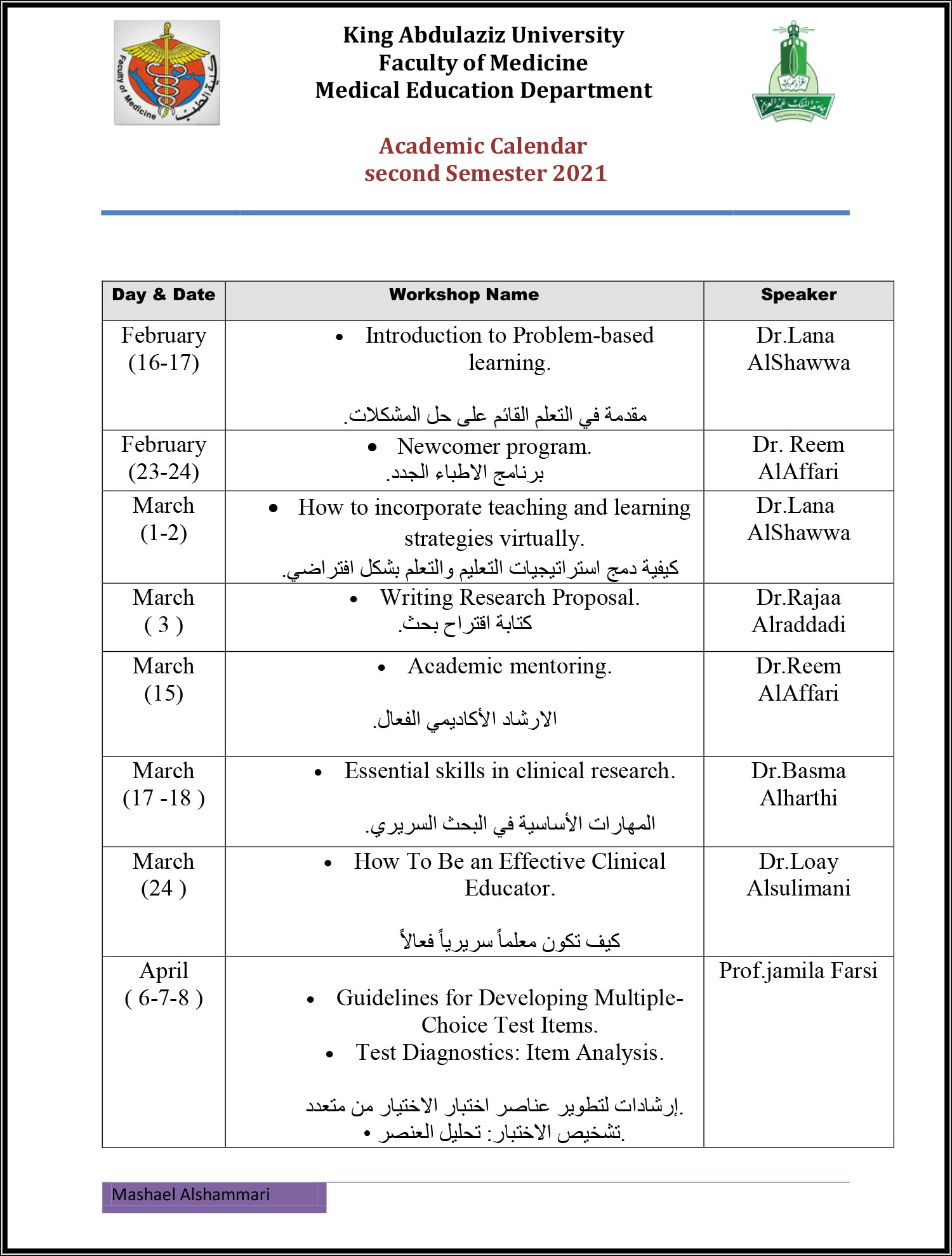 مركز تطوير التعليم الجامعي دورات كلية الطب